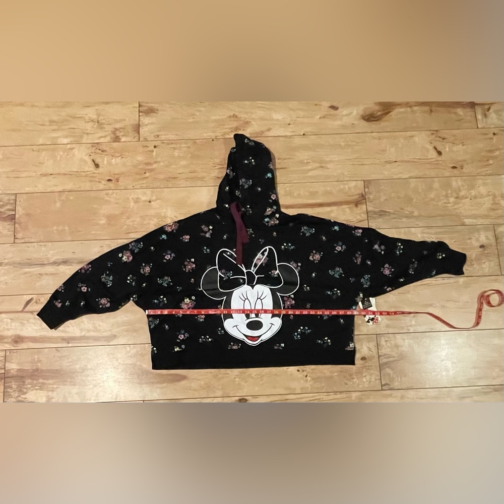 NEW Crop Top Drop Shoulder Flower Print Minnie Mouse Sweatshirt with Hood - Picture 2 of 4